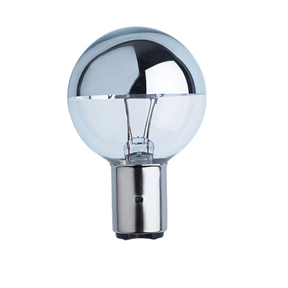 A spherical glass light bulb with a polished chrome base, shown against a plain white background.